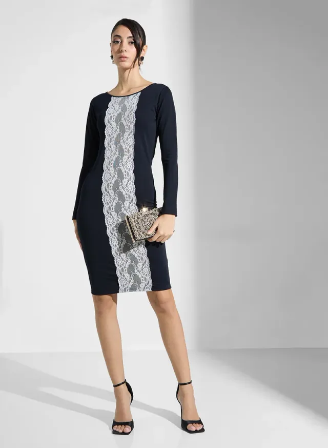 Lace Panel Sheath Dress Navy Blue – image 4