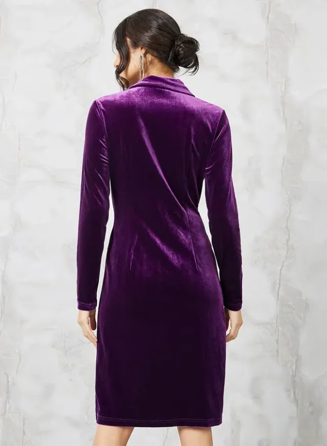Notch Lapel Double Breasted Velvet Mini Dress purple – image 4