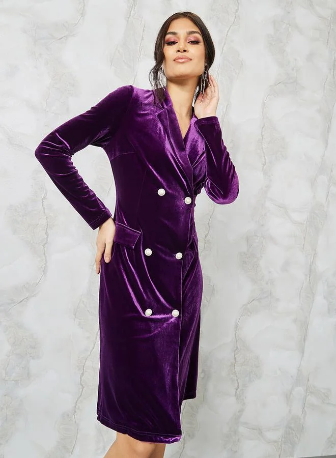Notch Lapel Double Breasted Velvet Mini Dress purple