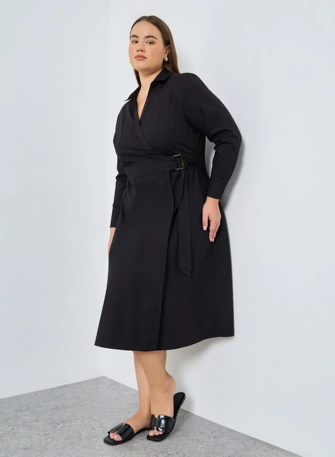 Plus Size Cotton Wrap Shirt Midi Dress black