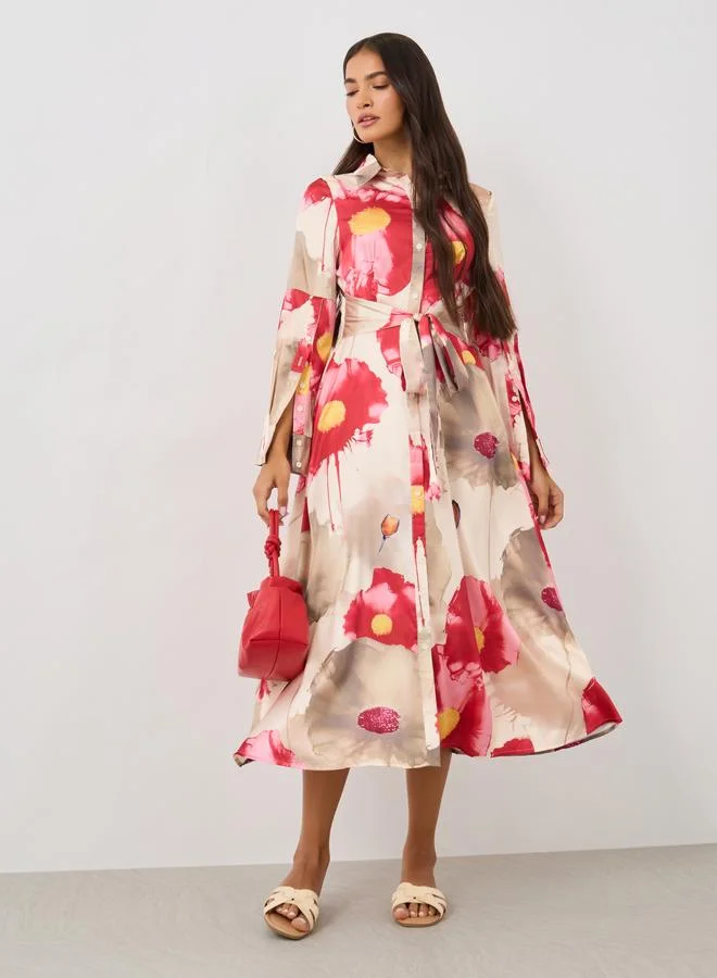Belted Shirred Dress Khaki