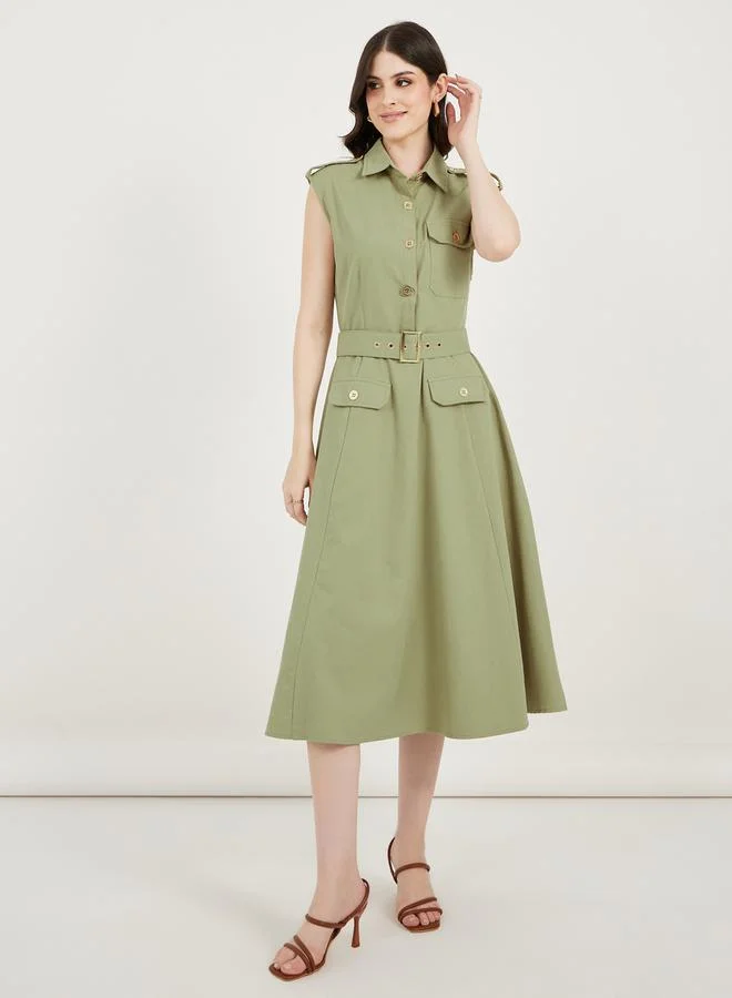 Belted Shirred Dress Khaki