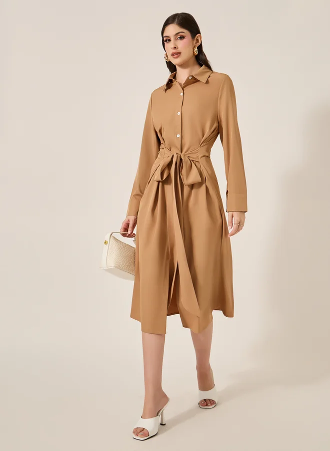 Belted Shirred Dress Khaki