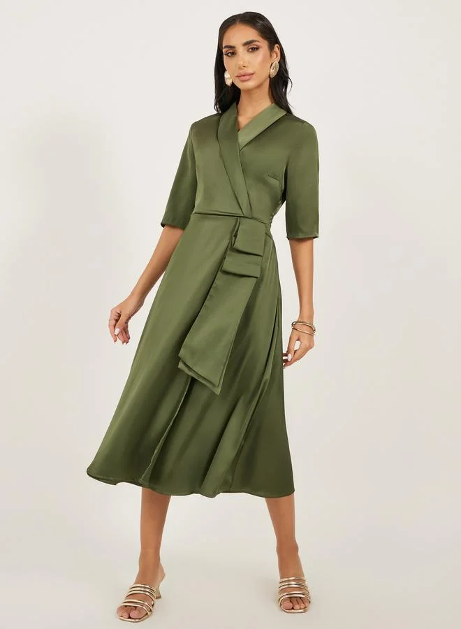 Satin Wrap Midi Dress olive green