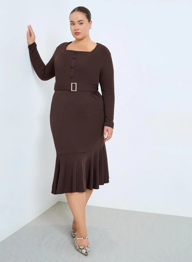 Plus Size Long Sleeve Ruffle Hem Midi Dress dark brown
