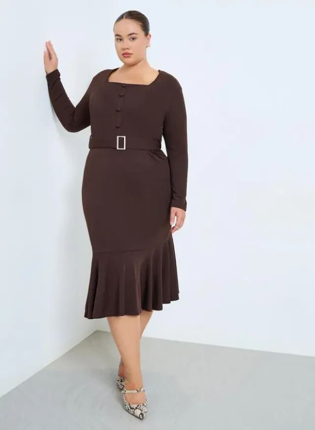 Plus Size Long Sleeve Ruffle Hem Midi Dress dark brown