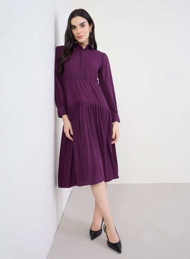 Women Pleated Cuffed Sleeve Midi Dress plum