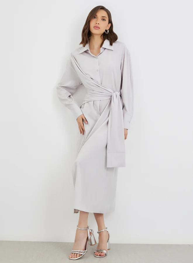 Solid Buttoned Spread Collar Tie-Up Midi Dress light grey
