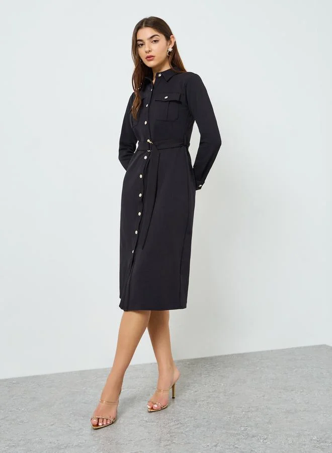 Belted Shirt Midi Dress black