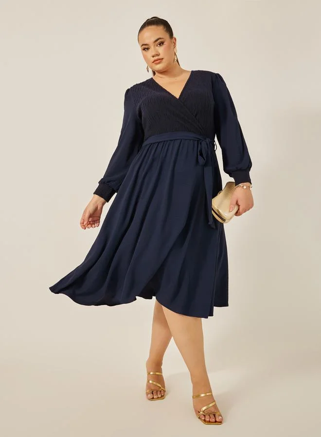 Plus Size Textured V-Neck A-Line Belted Midi Dress Blue