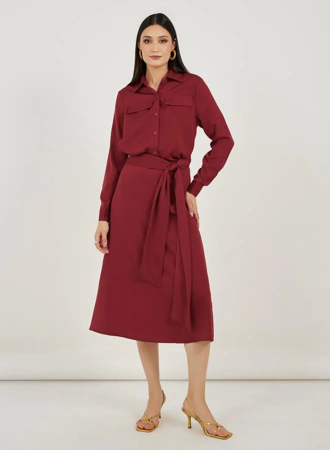 Belted Midi Dress maroon