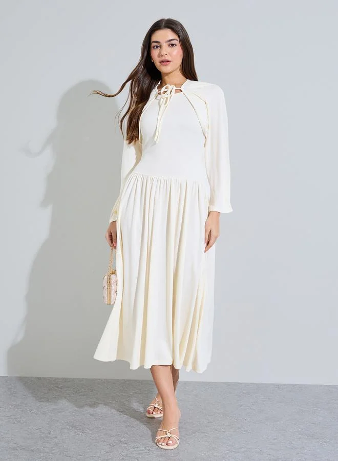 Pleated A-Line Midi Dress with Bolero Set Beige