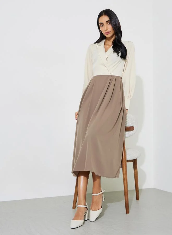 Color Block Long Sleeve Blazer Midi Dress Multi