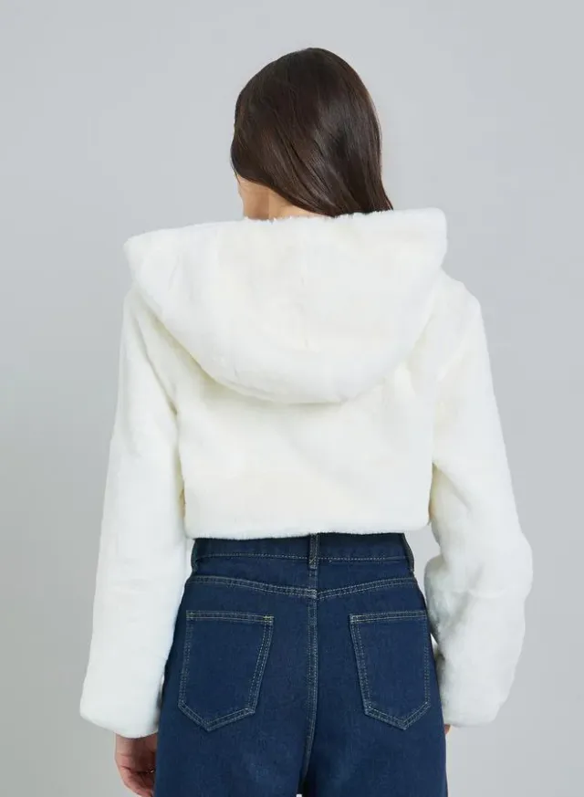 White Faux Fur Zip-Up Hooded Jacket – image 4