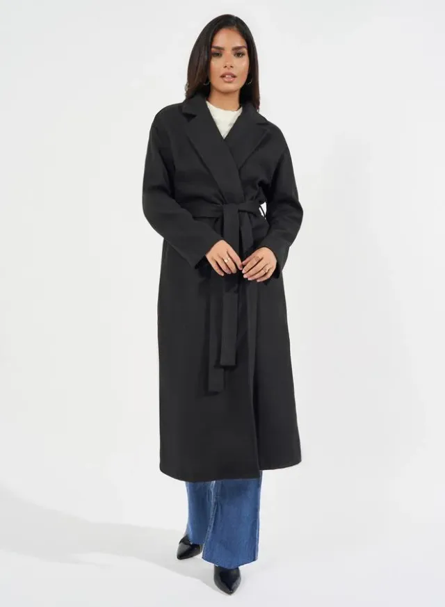 Grey Regular Fit Belted Midi Coat