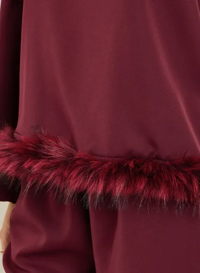 Burgundy Faux Feather Trim Blouse and Pants Co-ords – image 3