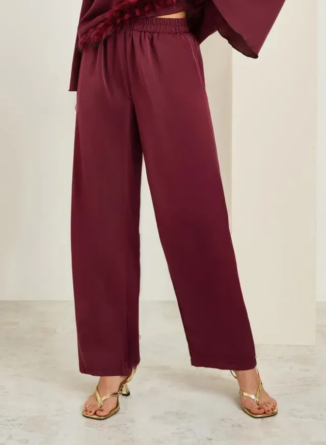 Burgundy Faux Feather Trim Blouse and Pants Co-ords – image 4