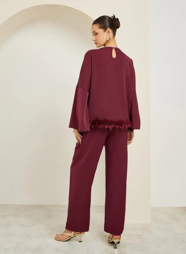 Burgundy Faux Feather Trim Blouse and Pants Co-ords – image 5