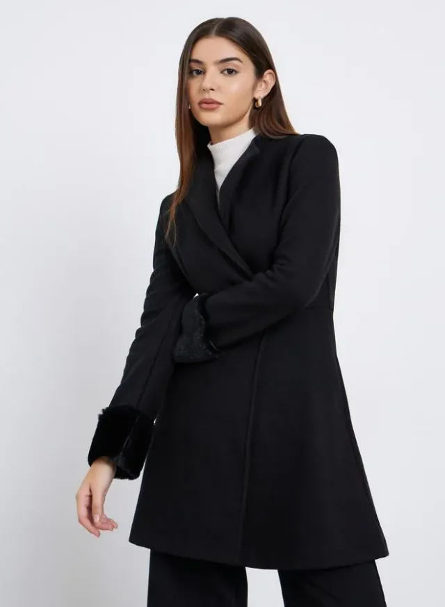 Styli Black Longline Wool Like Coat with Faux Fur Detail – image 3