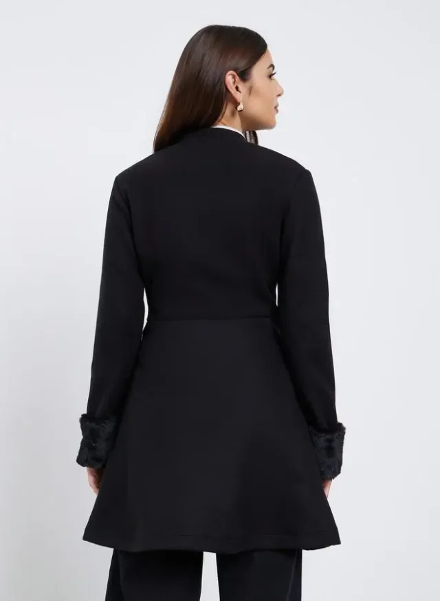 Styli Black Longline Wool Like Coat with Faux Fur Detail – image 5