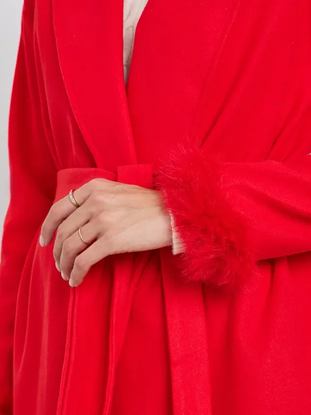 Red Longline Wrap Coat with Faux Fur Trim – image 4