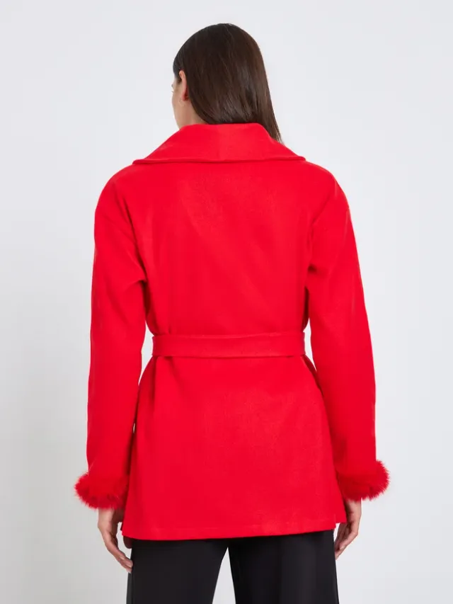 Red Longline Wrap Coat with Faux Fur Trim – image 5