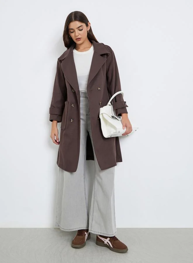 Black Double Breasted Wool Like Coat with Pocket Detail