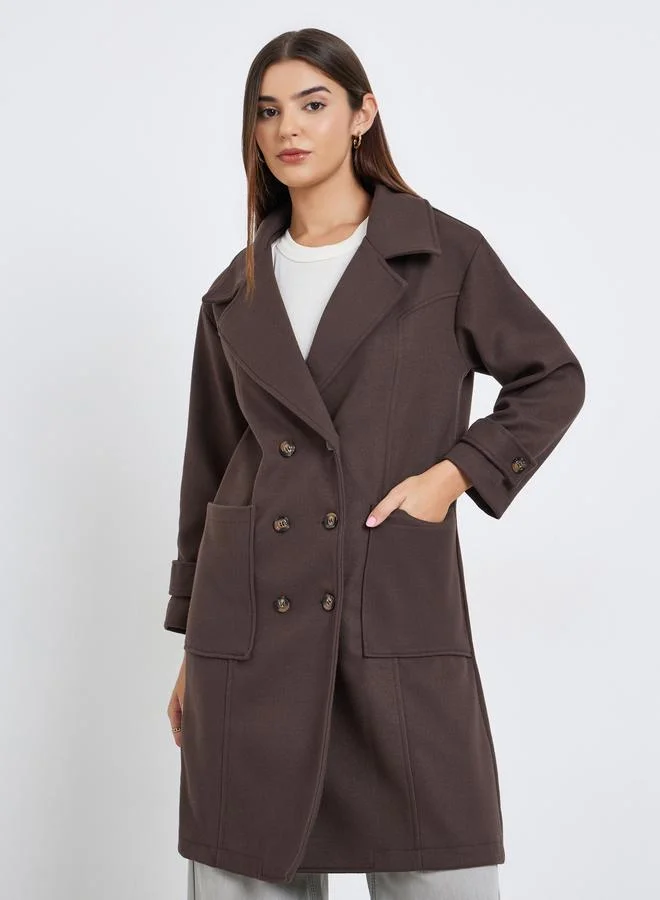 Black Double Breasted Wool Like Coat with Pocket Detail