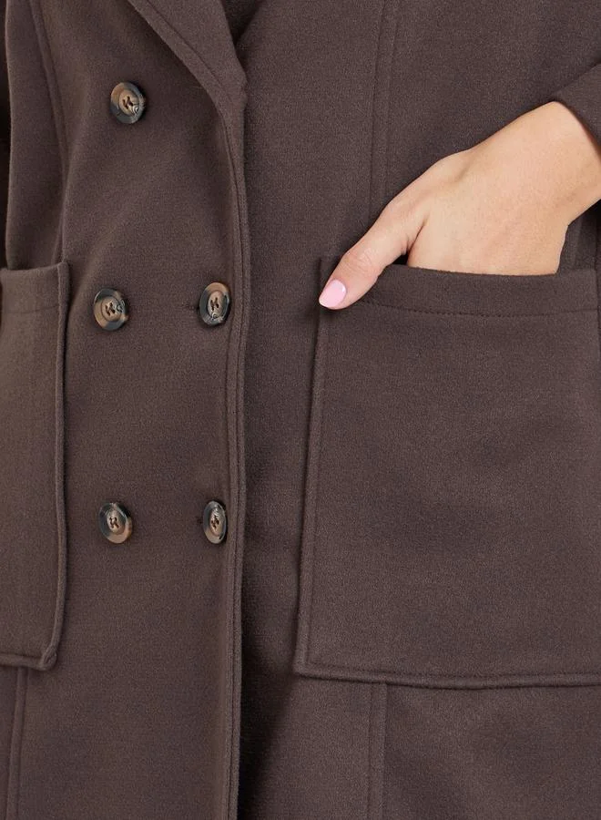 Black Double Breasted Wool Like Coat with Pocket Detail