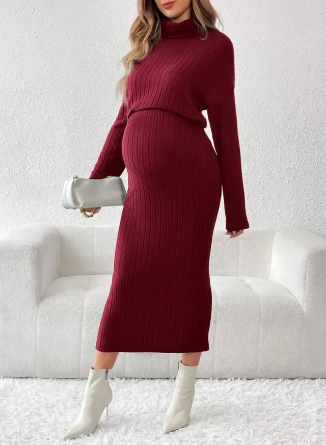 Women High Neck Top and Adjustable Elastic Skirt Maternity Ribbed Set
