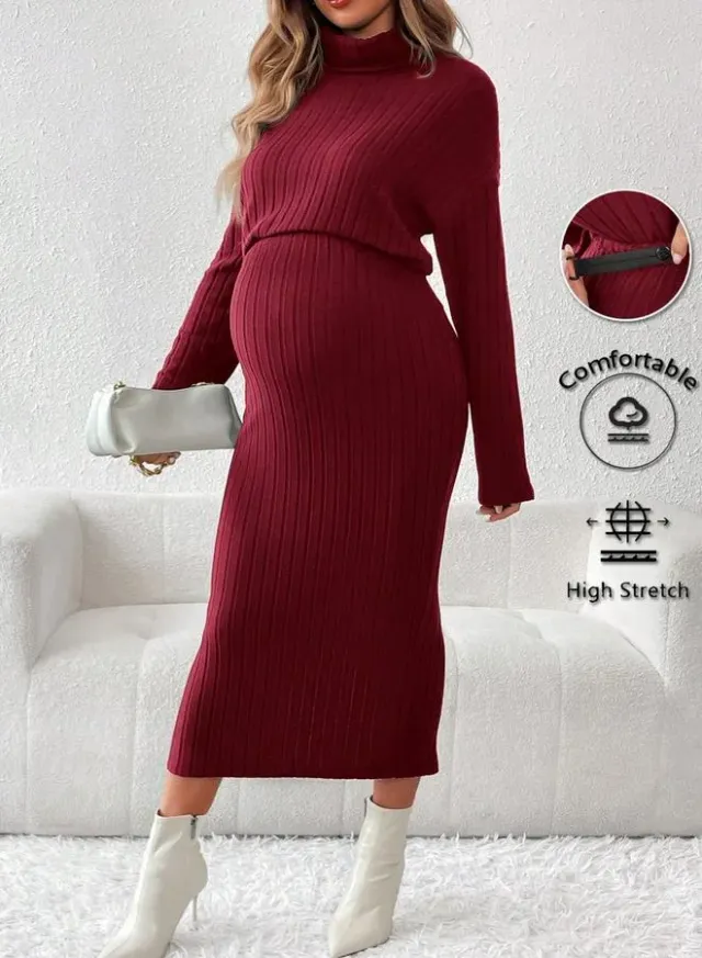 Women High Neck Top and Adjustable Elastic Skirt Maternity Ribbed Set – image 4