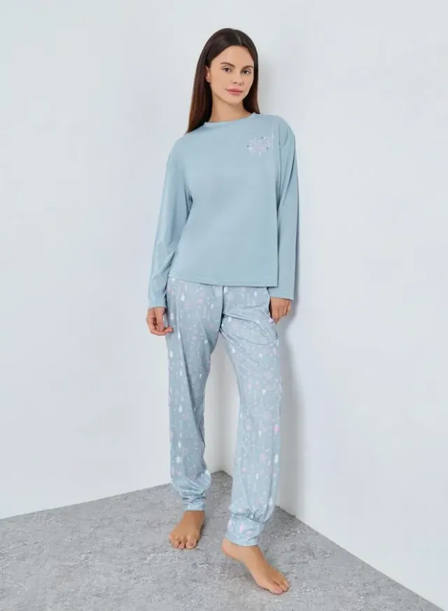 Slogan Long Sleeve T-Shirt and Winter Print Cuffed Pyjama Set
