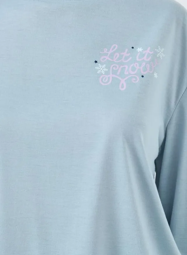 Slogan Long Sleeve T-Shirt and Winter Print Cuffed Pyjama Set – image 3