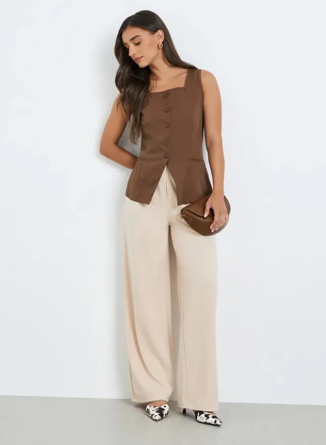 Women Brown Solid Square Neck Waistcoat – image 4