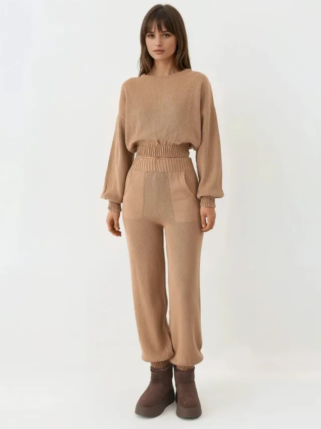 MY FASHION Ribbed Cropped Crew Neck Sweater & Elastic Cuff Pants Knit Co-Ord Set – image 6
