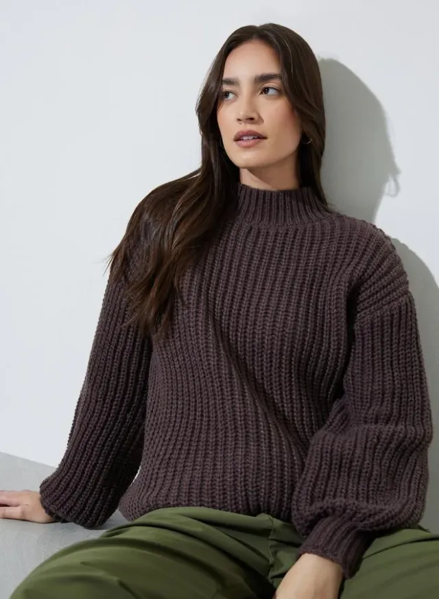 Coffee Brown High Neck Chunky Knit Sweater