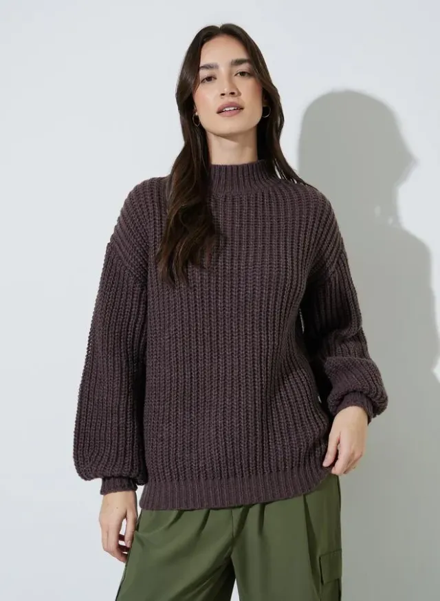 Coffee Brown High Neck Chunky Knit Sweater – image 4