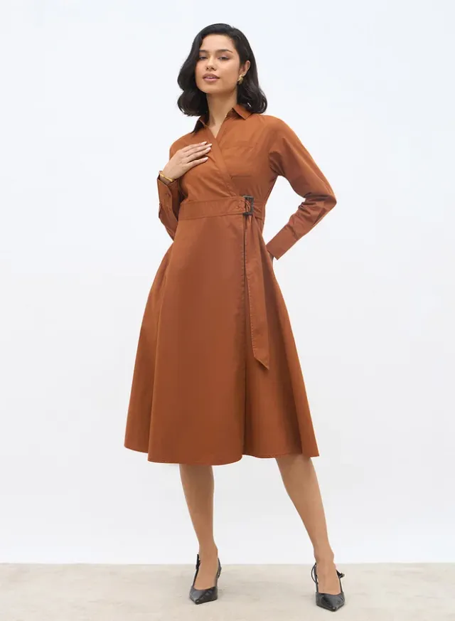 Women Brown Solid Long Sleeve Wrap Midi Dress With Belt Detail – image 2