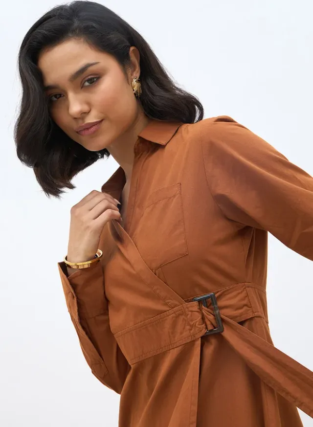 Women Brown Solid Long Sleeve Wrap Midi Dress With Belt Detail – image 4