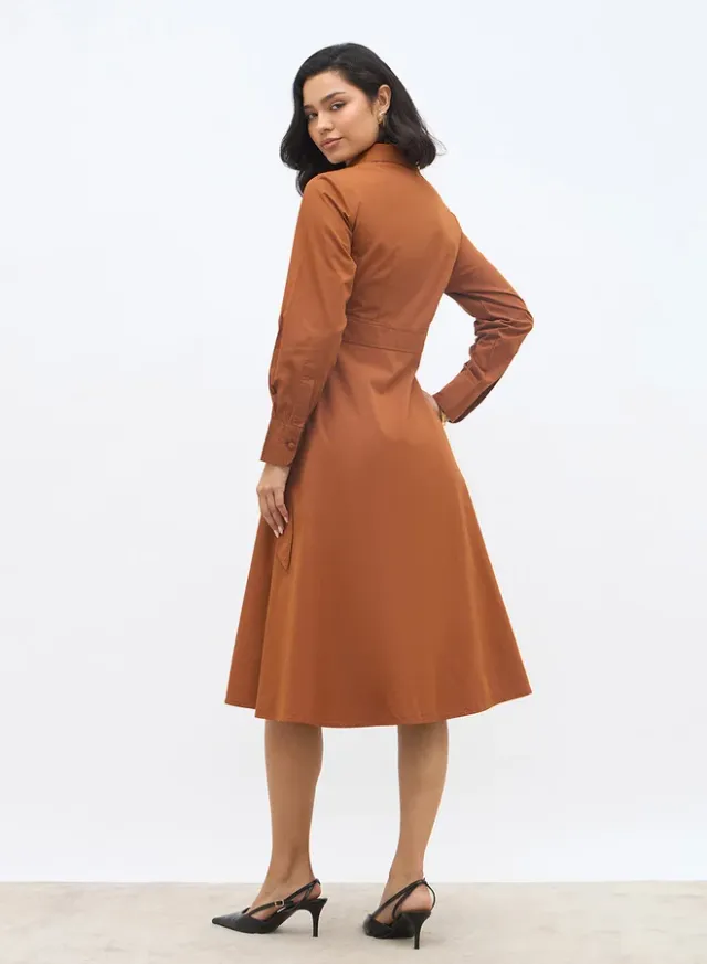 Women Brown Solid Long Sleeve Wrap Midi Dress With Belt Detail – image 5