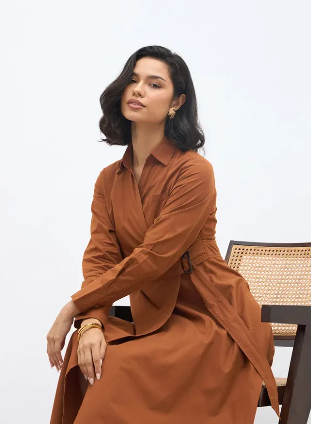 Women Brown Solid Long Sleeve Wrap Midi Dress With Belt Detail – image 6