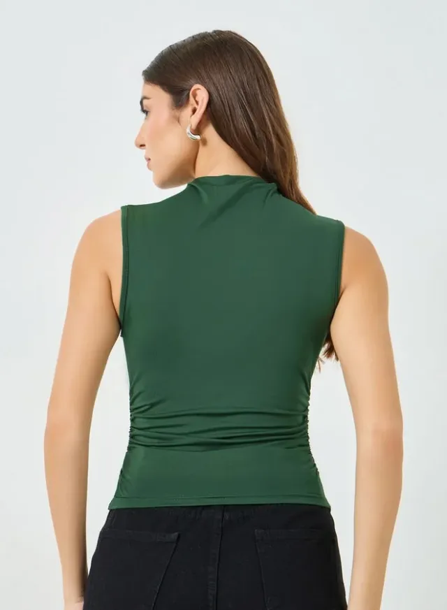 Green Solid High Neck Ruched Top – image 4