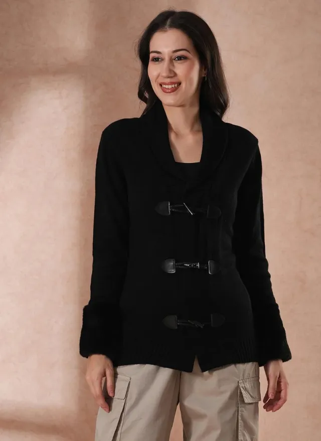 Globus Women's Black Casual Cardigan Sweater with Shawl Collar and Faux Fur Cuffs – image 6