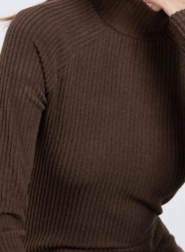Brown Ribbed High Neck Knit Top – image 4