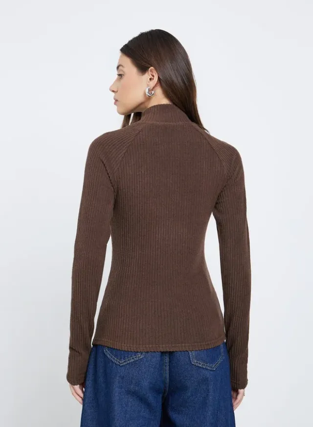 Brown Ribbed High Neck Knit Top – image 5