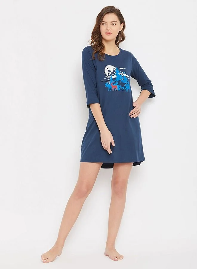 Clovia Christmas Print Short Night Dress in Teal - 100% Cotton