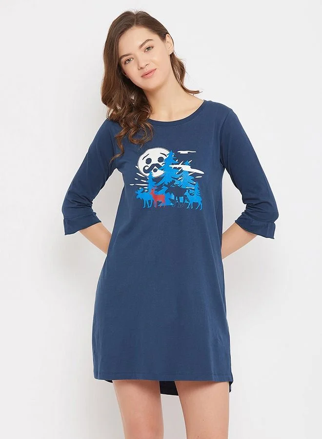 Clovia Christmas Print Short Night Dress in Teal - 100% Cotton