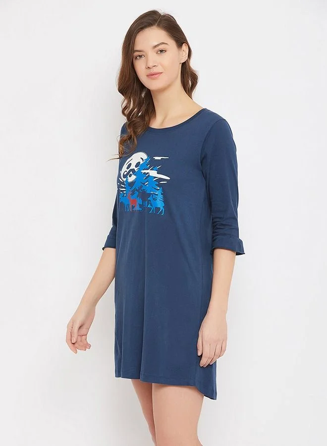 Clovia Christmas Print Short Night Dress in Teal - 100% Cotton