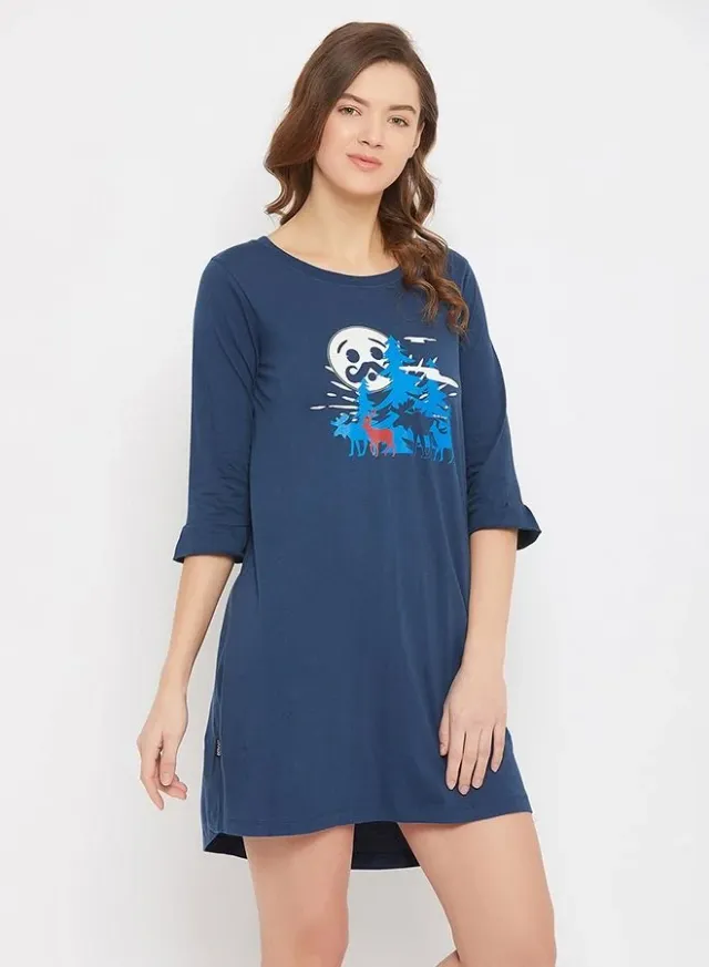 Clovia Christmas Print Short Night Dress in Teal - 100% Cotton – image 4