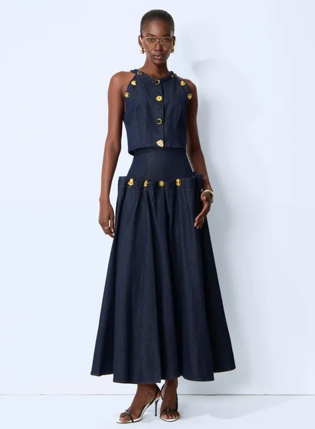Living the Moment Blue Denim Gold Button Crop Top & Skirt Set